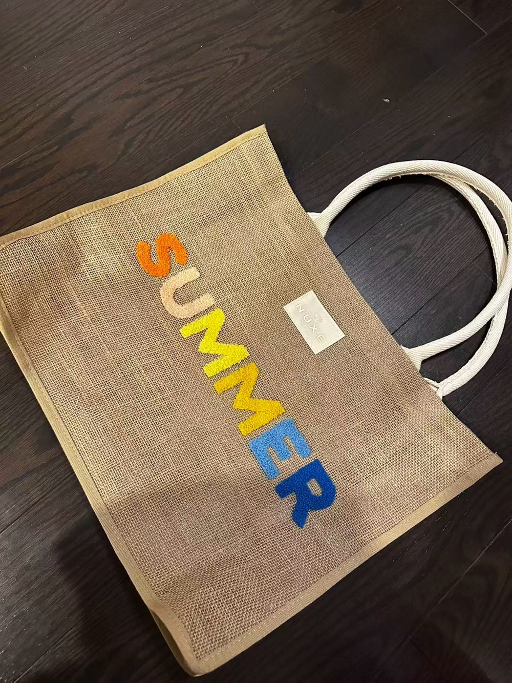 NUXE Natural Jute Tote Bag with Multicolor 'SUMMER' Embroidery